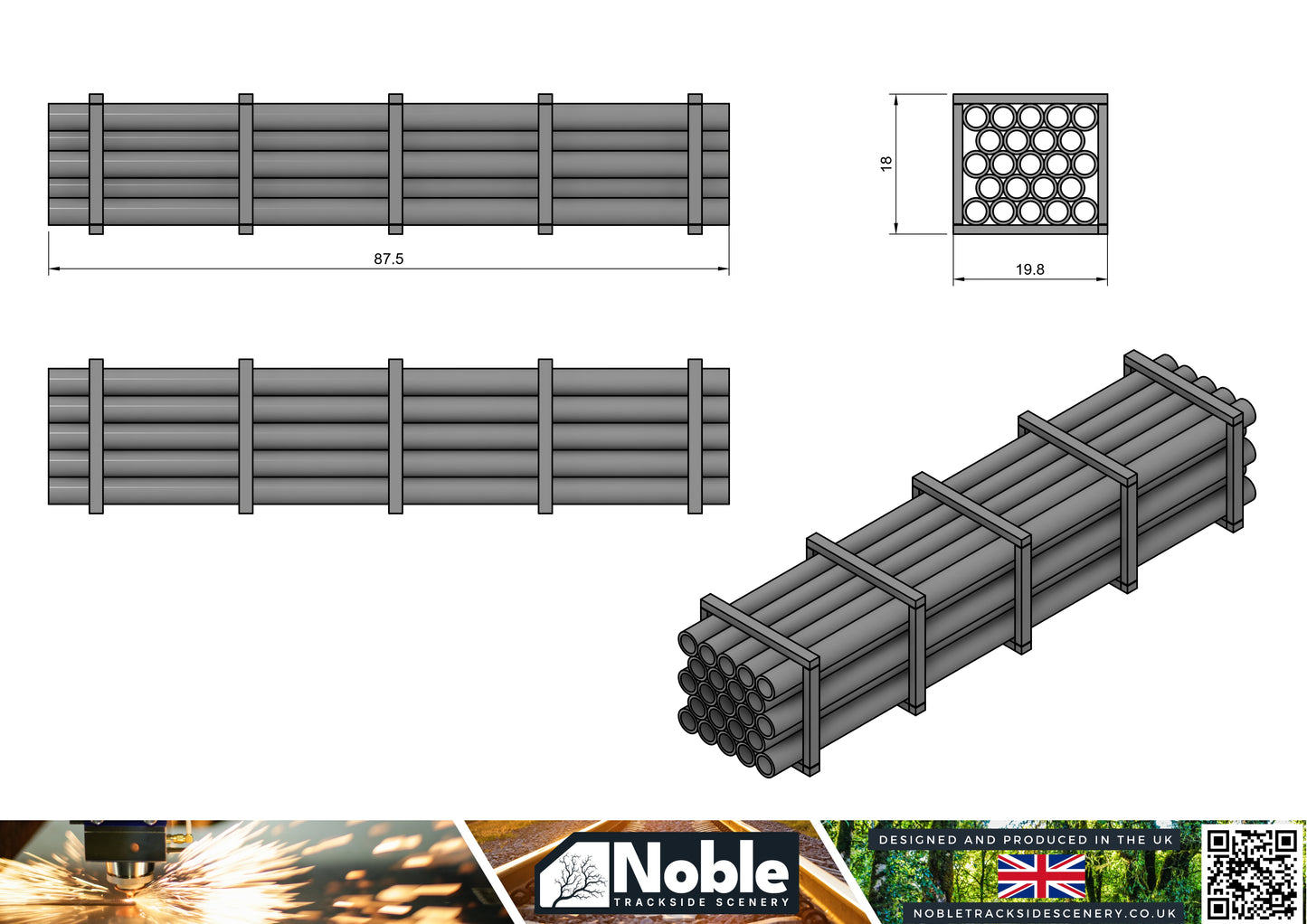 Model Railway layout Scenery Palletised Pipes - O Gauge 1:43 (Pack of 3)