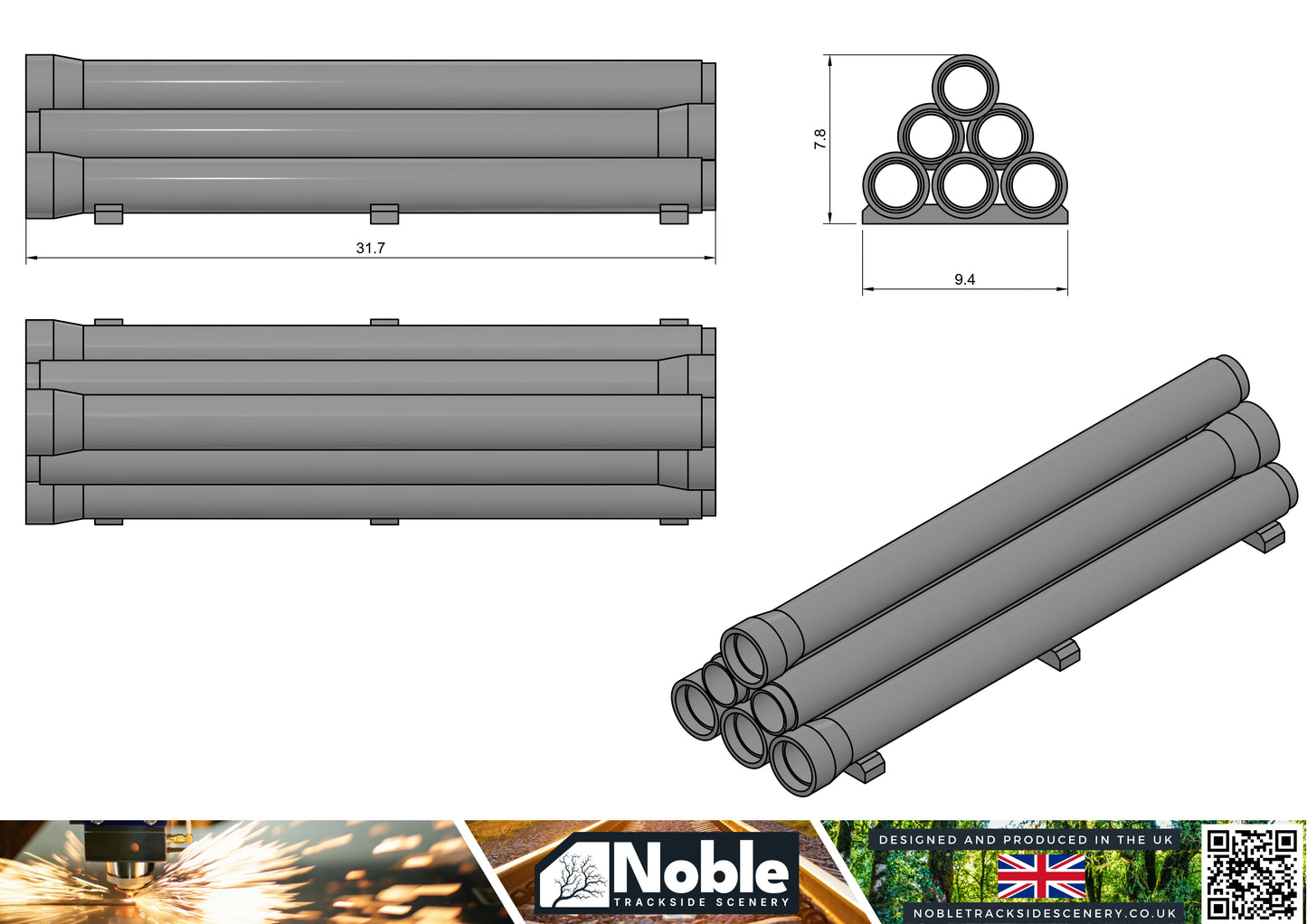 Model Railway layout Scenery Palletised Pipes - TT Gauge 1:120 (Pack of 3)